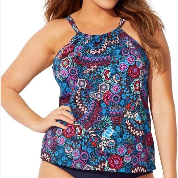 SWIMSUITS FOR ALL Geometric Paisley Multicolor Halter Neck Tankini Swim Sz 26 - Picture 1 of 8